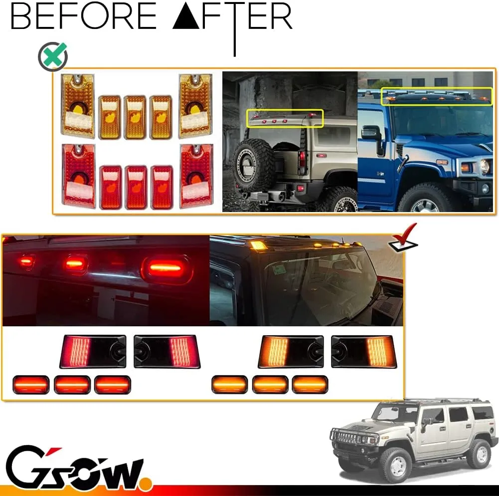 10 PCS Smoked Lens LED Cab Roof Light Kit for Hummer H2 2003-2009, H2 SUT 2005-2009 Top Clearance Marker Lights, Amber & Red LED Front Rear Halogen Lamps, OEM Replacement