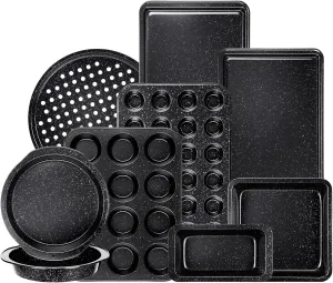 10-Piece Baking Pans Set, Bakeware Sets Nonstick, Baking Set for Oven Cooking, Stackable Carbon Steel Set Include Cookie Sheets, Muffin Pan, Cake Pan, Pizza Pan, Loaf Pan, Roasting Pan, Black