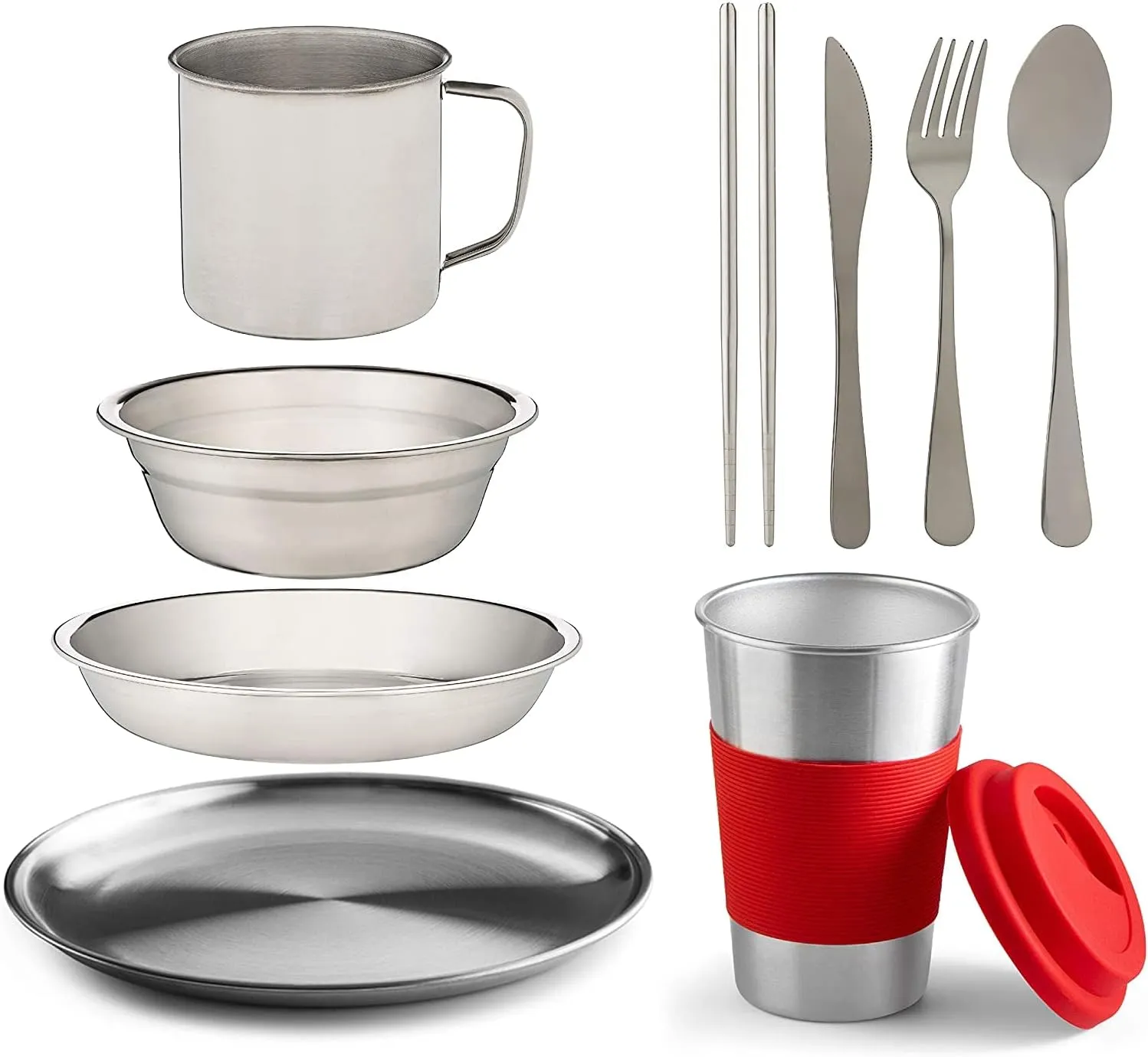10-Piece Camping Dish Set - Stainless Steel Camp Mess Kit with Mesh Bag for Camping, Backpacking, Hiking - Complete Camping Dinnerware Set with Cup, Plate, Bowl, and Cutlery (with Zipper Cutlery Bag)