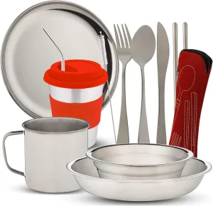 10-Piece Camping Dish Set - Stainless Steel Camp Mess Kit with Mesh Bag for Camping, Backpacking, Hiking - Complete Camping Dinnerware Set with Cup, Plate, Bowl, and Cutlery (with Zipper Cutlery Bag)