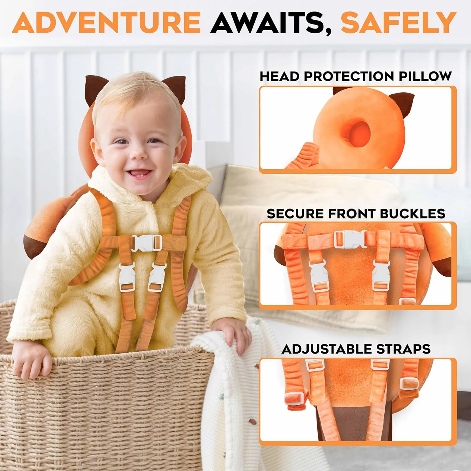100% Cotton Non-Toxic Hypoallergenic Baby Backpack Head Protection Pillow, Full Head Coverage, Baby Head Pillow for Falling, Secure, Durable, Fox (Orange)