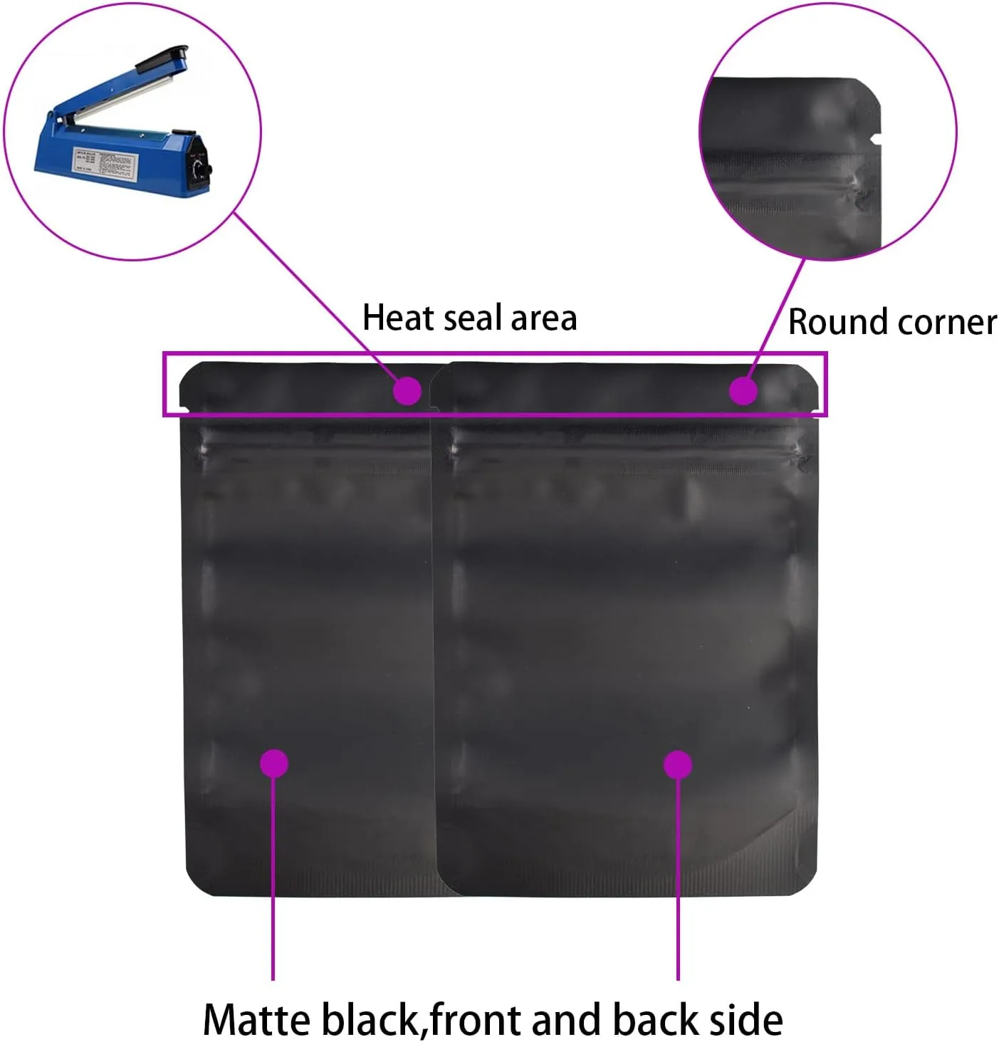 100 Pack Mylar Bag,7 Gram Stand-up Packaging Pouch, 4.72 Mil Thickness Resealable Zip Lock Foil Food Storage Baggies Safe Material,4X6 Inches,Matte Black