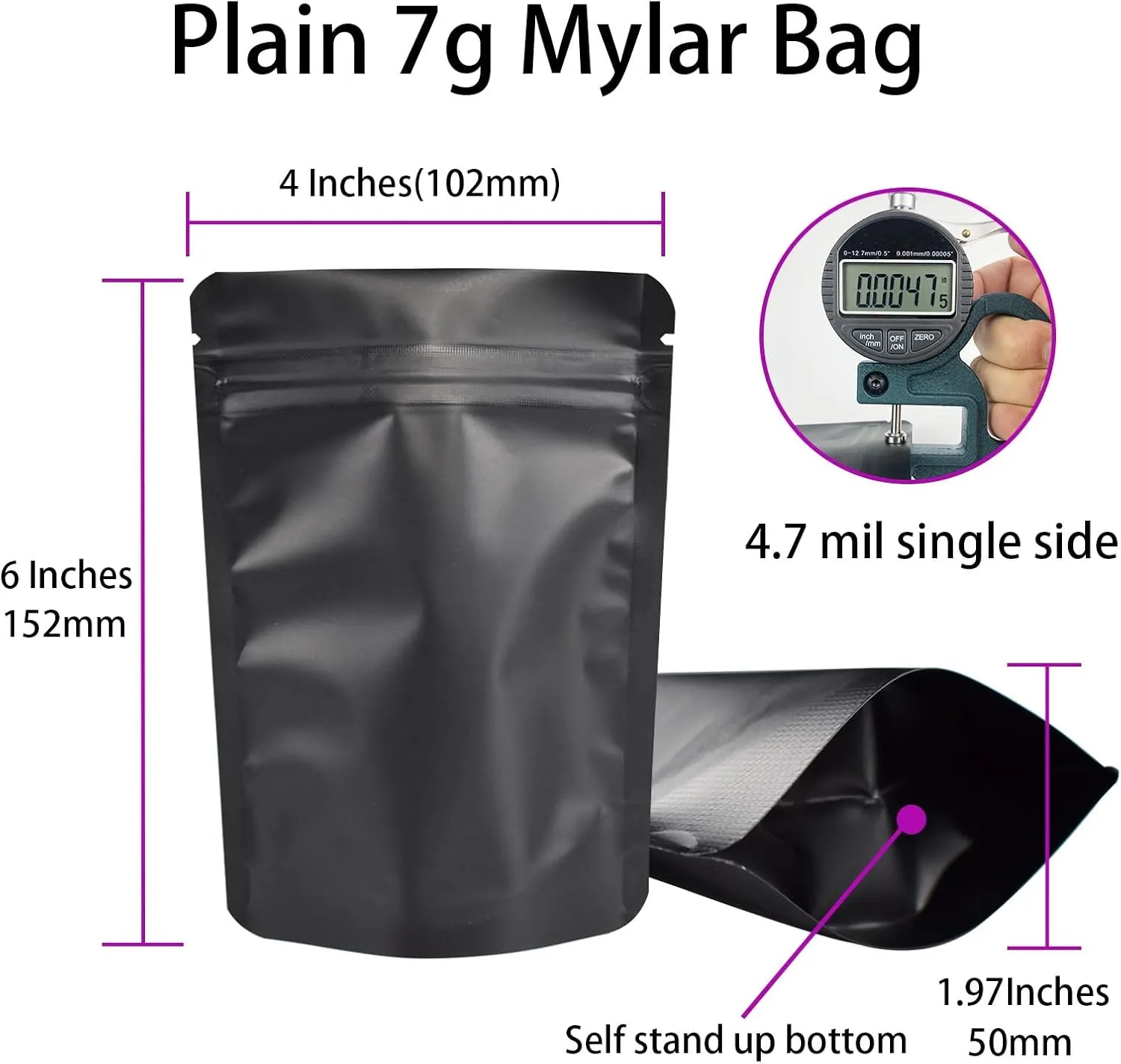 100 Pack Mylar Bag,7 Gram Stand-up Packaging Pouch, 4.72 Mil Thickness Resealable Zip Lock Foil Food Storage Baggies Safe Material,4X6 Inches,Matte Black