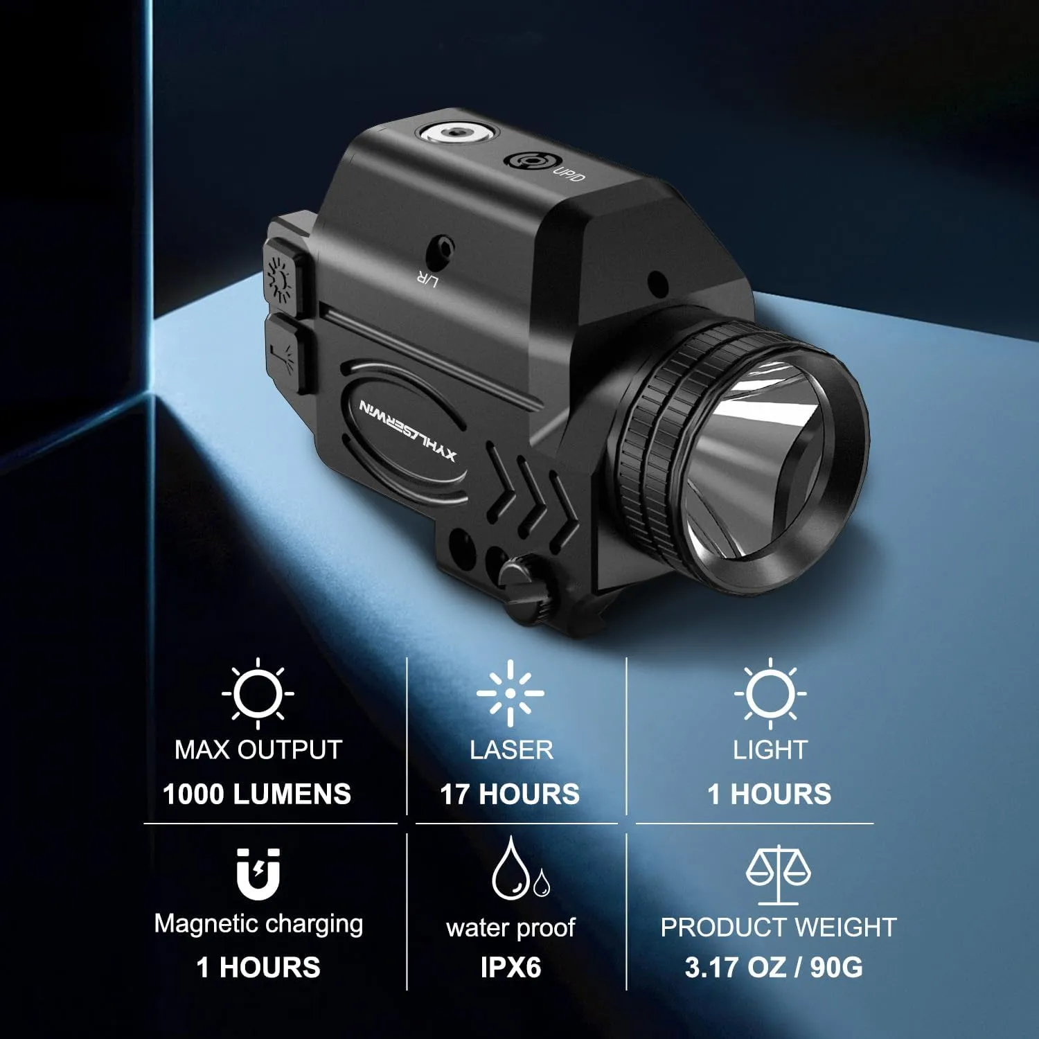 1000/500/200 Lumens Adjustable Tactical Flashlight Laser Combo with Strobe & Constant Modes, Pistol Weapon Light Red Laser Compact Rail Mount, Magnetic Rechargeable, Laser Class IIIA,Less Than 5mW