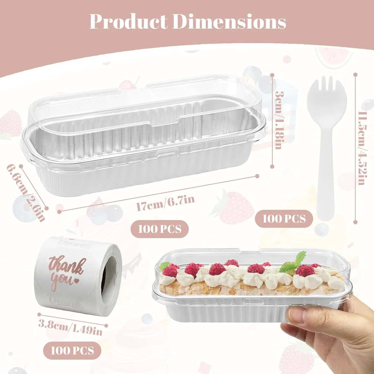 100Pack Mini Loaf Pans with Lids and Spoons and Stickers Individual Mini Cake Pans Disposable Portable Stackable, 6.8Oz Aluminum Pans Tins, Dessert Cups Containers for Sales,Party White