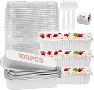 100Pack Mini Loaf Pans with Lids and Spoons and Stickers Individual Mini Cake Pans Disposable Portable Stackable, 6.8Oz Aluminum Pans Tins, Dessert Cups Containers for Sales,Party White
