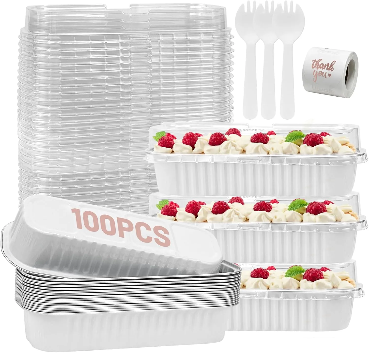 100Pack Mini Loaf Pans with Lids and Spoons and Stickers Individual Mini Cake Pans Disposable Portable Stackable, 6.8Oz Aluminum Pans Tins, Dessert Cups Containers for Sales,Party White