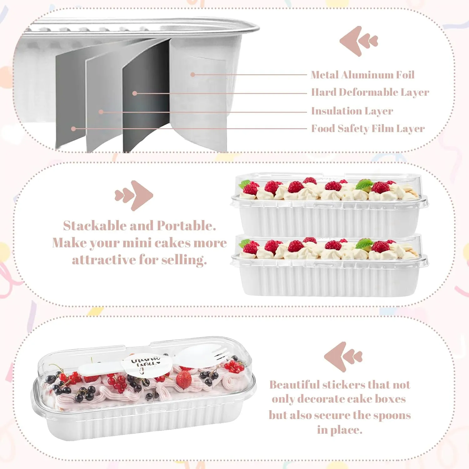 100Pack Mini Loaf Pans with Lids and Spoons and Stickers Individual Mini Cake Pans Disposable Portable Stackable, 6.8Oz Aluminum Pans Tins, Dessert Cups Containers for Sales,Party White