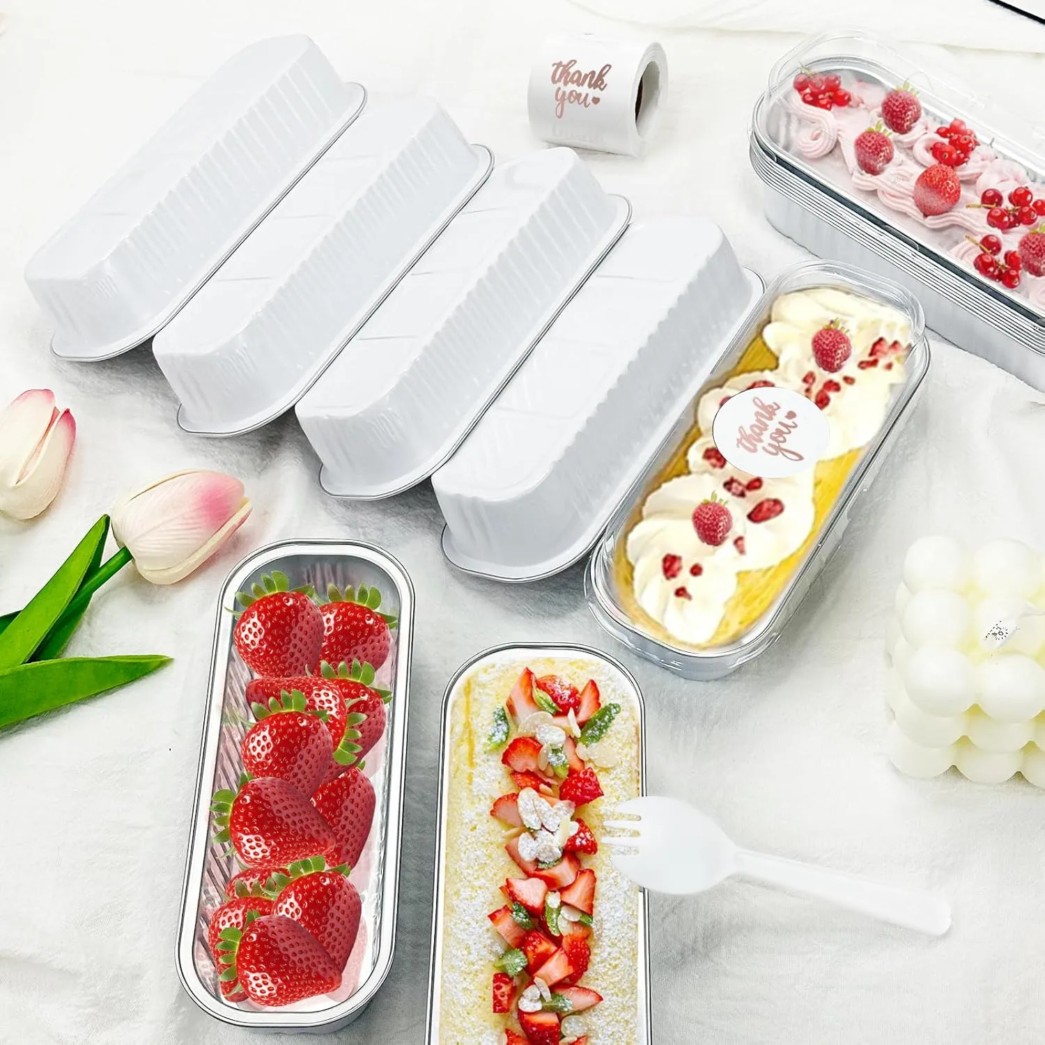100Pack Mini Loaf Pans with Lids and Spoons and Stickers Individual Mini Cake Pans Disposable Portable Stackable, 6.8Oz Aluminum Pans Tins, Dessert Cups Containers for Sales,Party White
