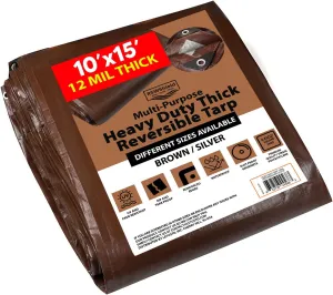 [10'X15'] RSW Heavy Duty Waterproof 12 Mil Safety Reversible Tarp Cover, UV Resistant, Rip and Tear Proof Tarpaulin with Reinforced Edges - for Roof, Camping, Patio, Pool Cover, Boat (Brown/Silver)