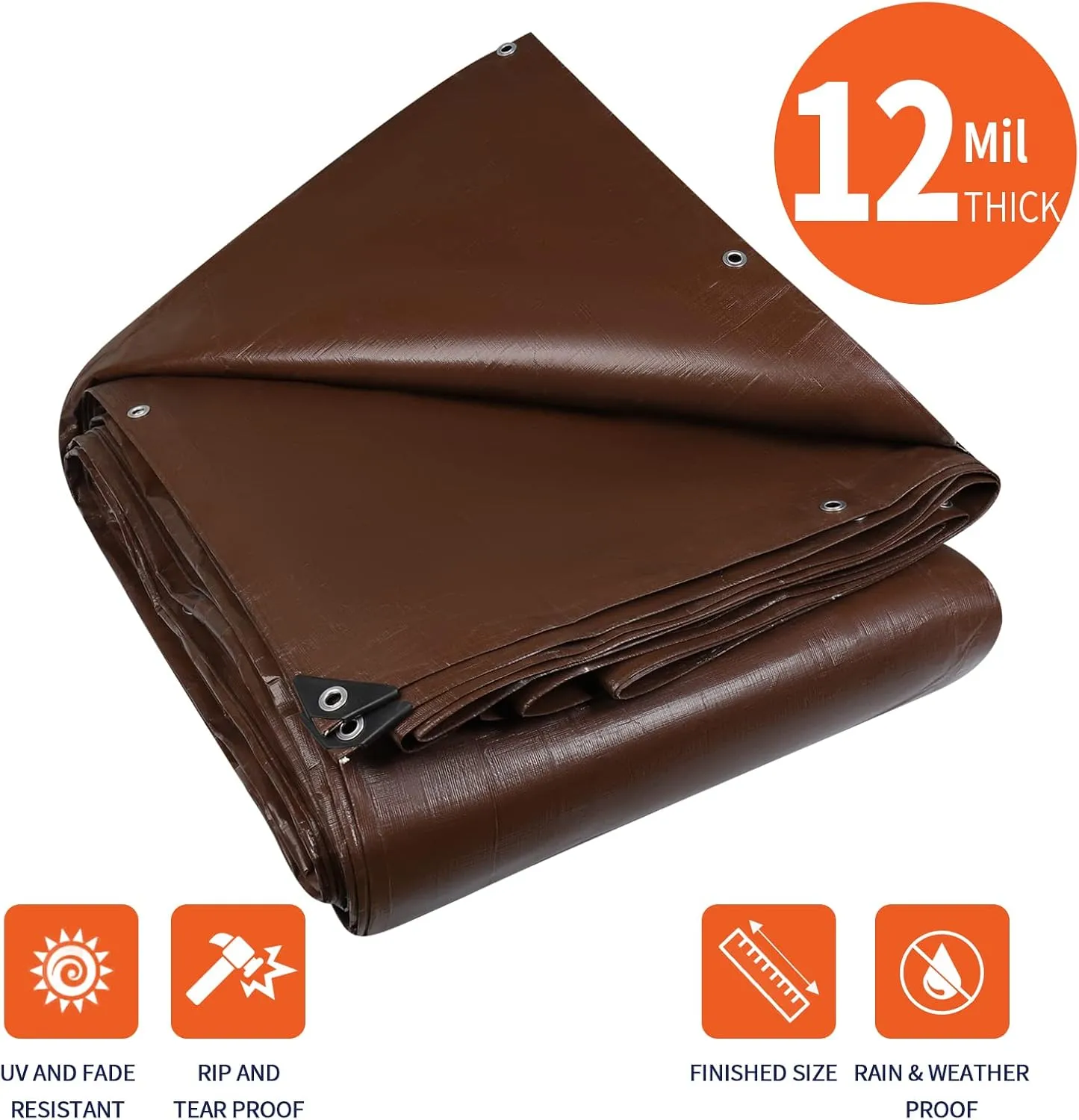 [10'X15'] RSW Heavy Duty Waterproof 12 Mil Safety Reversible Tarp Cover, UV Resistant, Rip and Tear Proof Tarpaulin with Reinforced Edges - for Roof, Camping, Patio, Pool Cover, Boat (Brown/Silver)