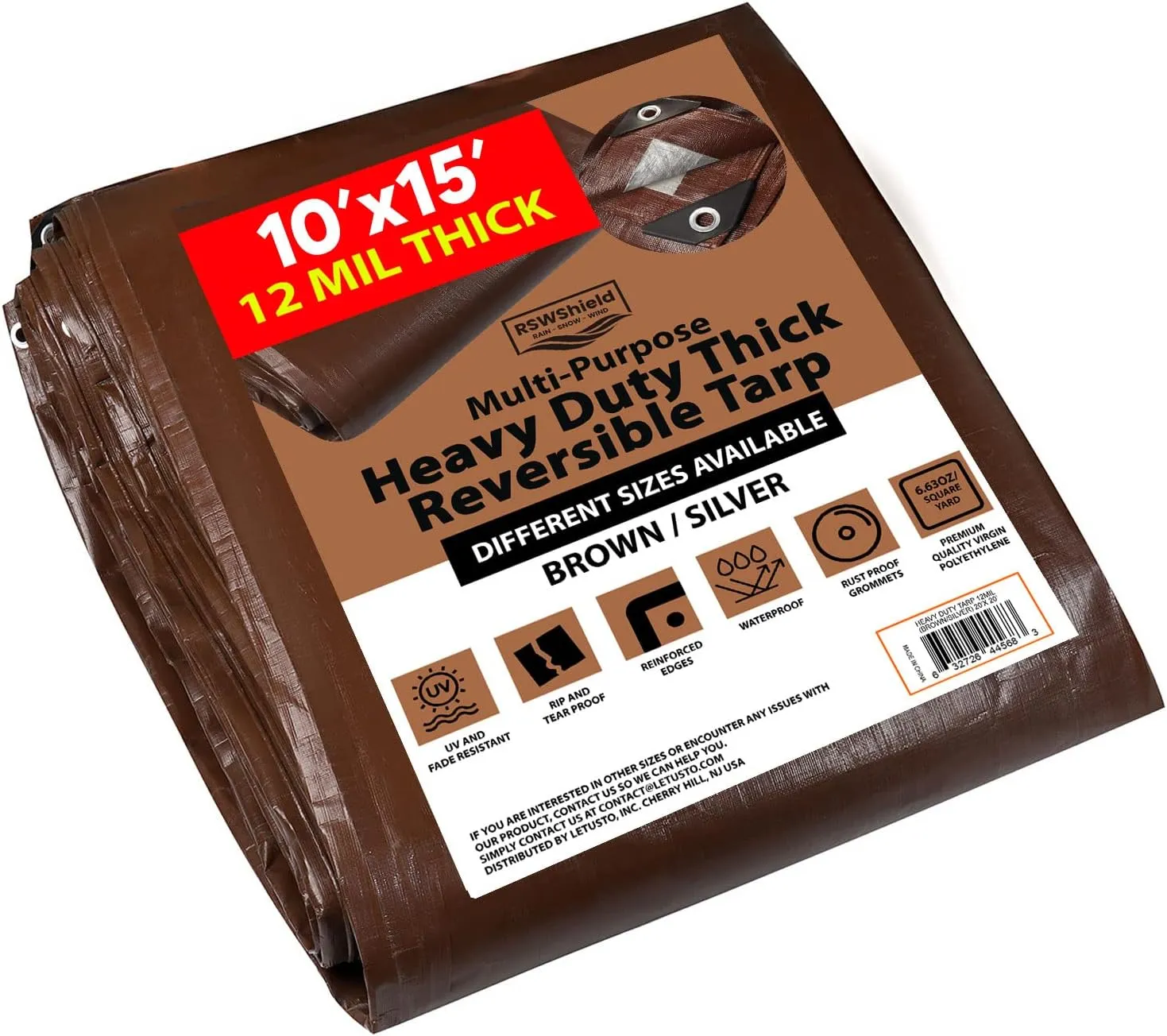 [10'X15'] RSW Heavy Duty Waterproof 12 Mil Safety Reversible Tarp Cover, UV Resistant, Rip and Tear Proof Tarpaulin with Reinforced Edges - for Roof, Camping, Patio, Pool Cover, Boat (Brown/Silver)
