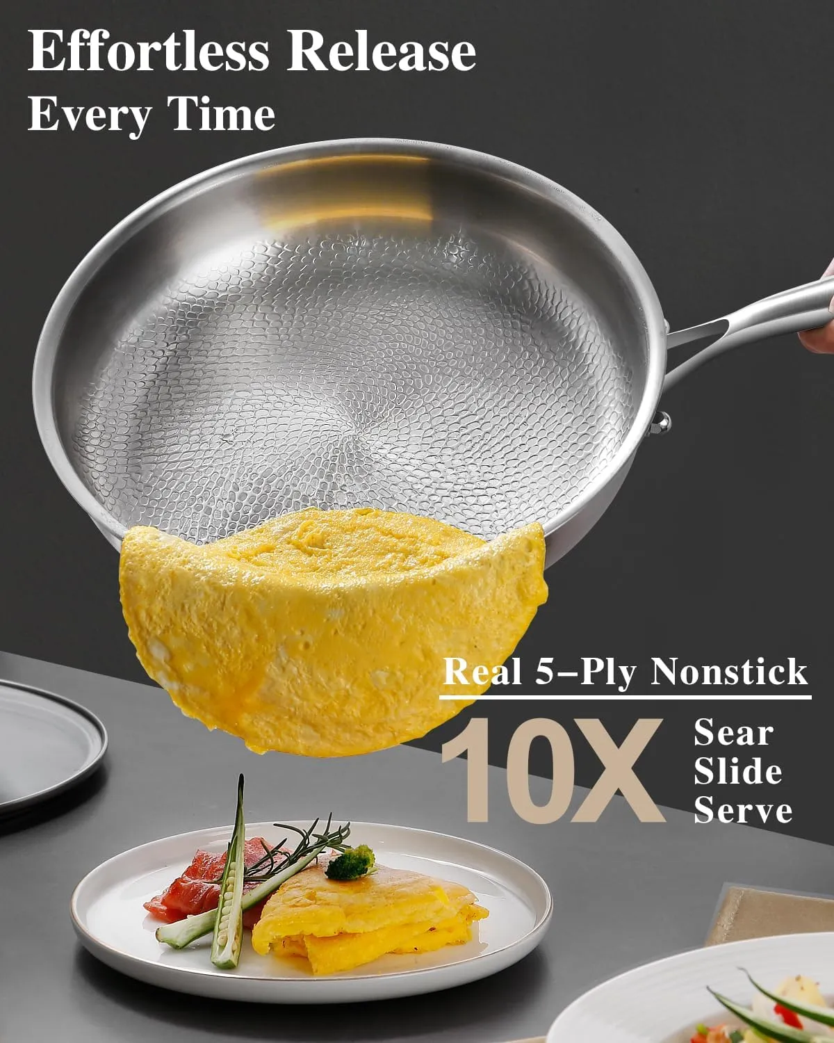 11-Inch Stainless Steel Frying Pan – 5-Ply Stainless Steel Skillet with Lid,PTFE & PFOA Free, Dishwasher & Oven Safe,Compatible with All Stovetops