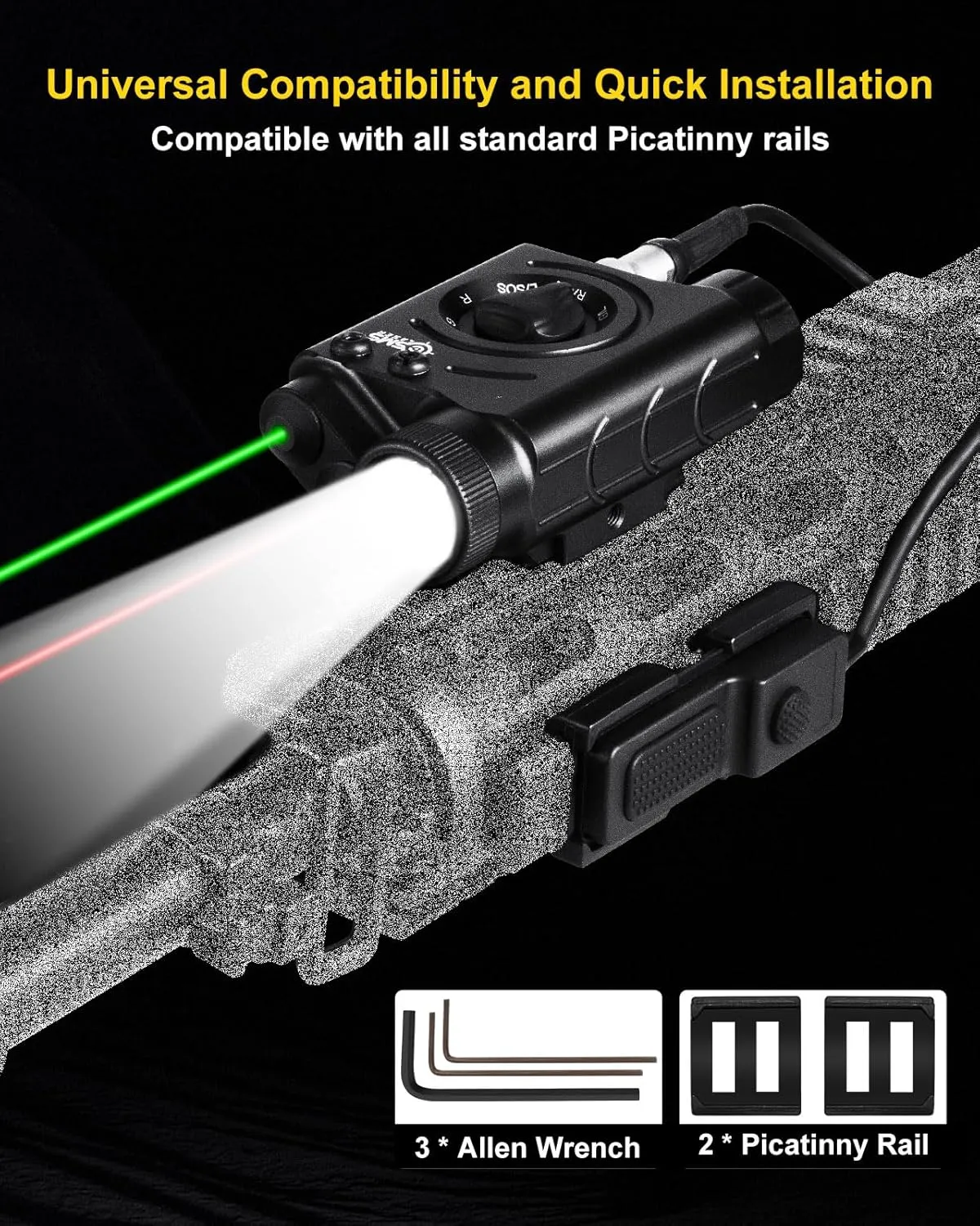 1200 Lumens Tactical LED/IR Flashlight and Green/Blue/Red/IR Laser Combo with Remote Pressure Switch, Momentary/Constant/Strobe Model Compatible with All Standard Picatinny/M-LOK Rails, Rechargeable