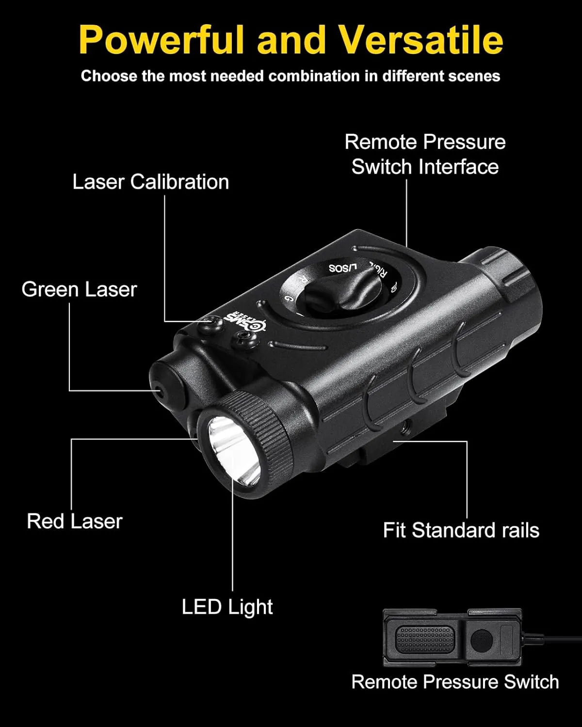 1200 Lumens Tactical LED/IR Flashlight and Green/Blue/Red/IR Laser Combo with Remote Pressure Switch, Momentary/Constant/Strobe Model Compatible with All Standard Picatinny/M-LOK Rails, Rechargeable