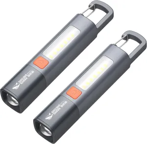 1200mAh Portable Torch LED Work Light, COB Side G1 Flash Light, 3 Modes Zoomable Focus White Waterproof Powerful Super Bright EDC, Outdoor Emergency, Mini-Rechargeable, Camping Flashlight (2, Gray)