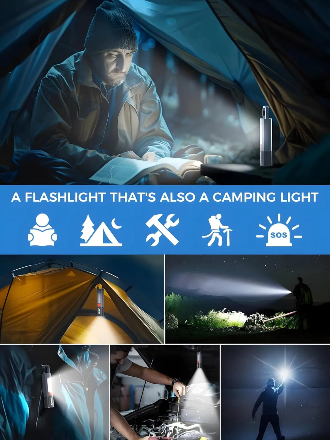 1200mAh Portable Torch LED Work Light, COB Side G1 Flash Light, 3 Modes Zoomable Focus White Waterproof Powerful Super Bright EDC, Outdoor Emergency, Mini-Rechargeable, Camping Flashlight (2, Gray)