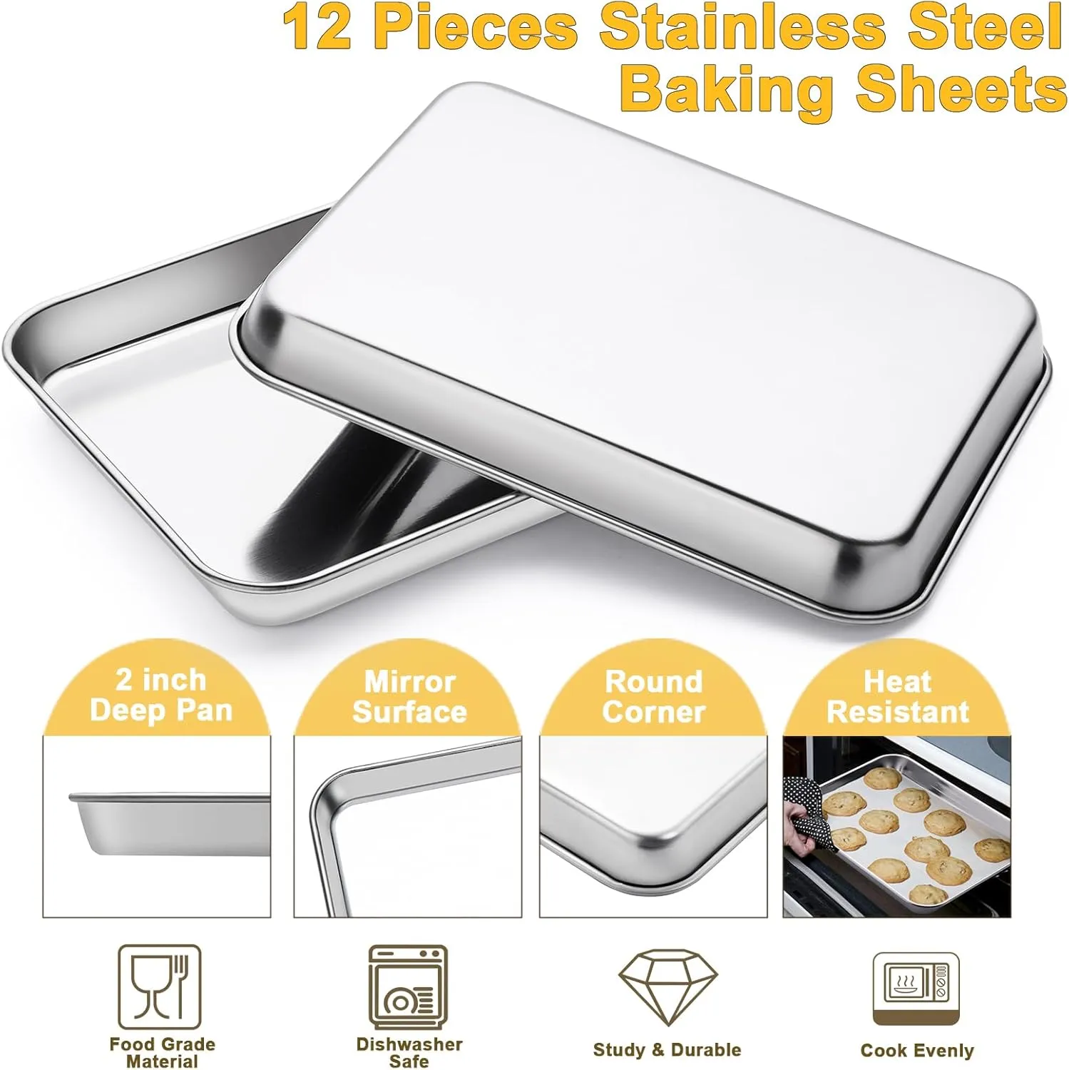 12Pcs Stainless Steel Baking Sheet Pan Set, Cookie Sheet Metal Baking Pan Oven Tray, Cooking Baking Sheet for Toaster Oven, Easy Clean, Dishwasher Safe, 9 x 7 x 1 Inch
