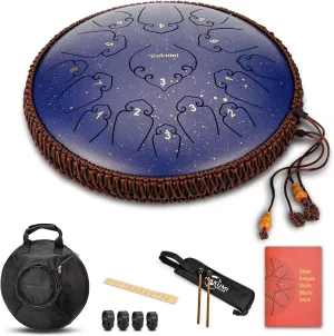 14 Inch 15 Note Steel Tongue Drum Percussion Instrument Lotus Hand Pan Drum with Ultra Wide Range and Drum Mallets Carry Ba