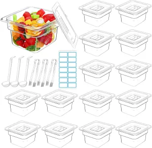 15 Pcs Plastic Clear Food Pan Set, 1/6 Size Clear Food Pan with Lid, Tongs, Spoons, Stickers Stackable Food Storage Container Restaurant Hotel Commercial Pan for Fruit Vegetable (4 Inch Deep)