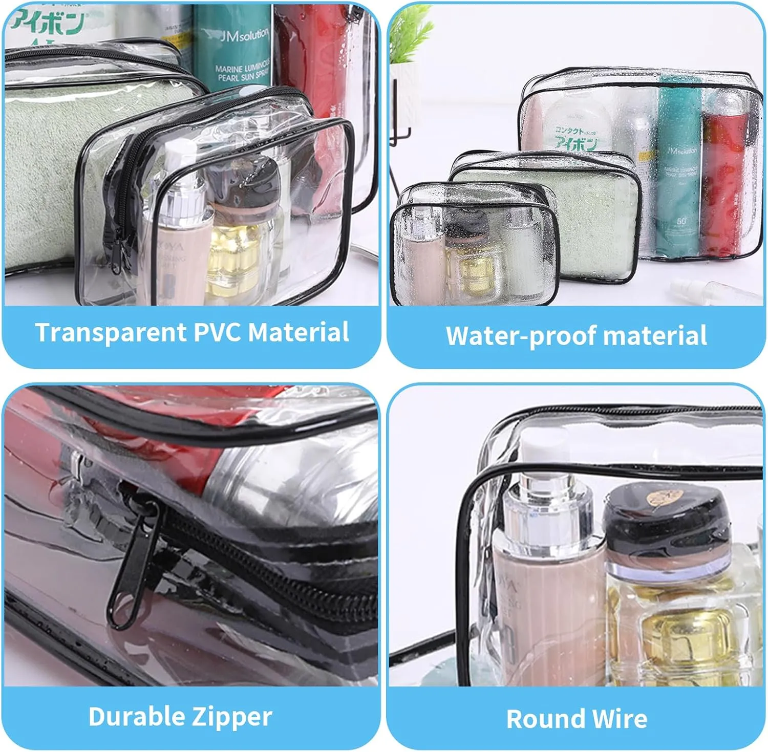 16 Pcs Clear Cosmetics Bag Bulk Clear Makeup Bag Bulk Toiletry Bag for Travel, PVC Zippered Pouch Cosmetic Makeup Bag Plastic Organizer Case for Vacation Bathroom Travel & Daily(Black Medium)