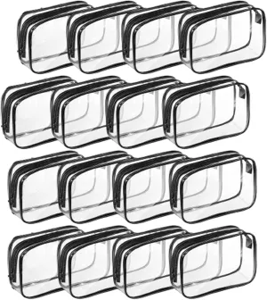 16 Pcs Clear Cosmetics Bag Bulk Clear Makeup Bag Bulk Toiletry Bag for Travel, PVC Zippered Pouch Cosmetic Makeup Bag Plastic Organizer Case for Vacation Bathroom Travel & Daily(Black Medium)