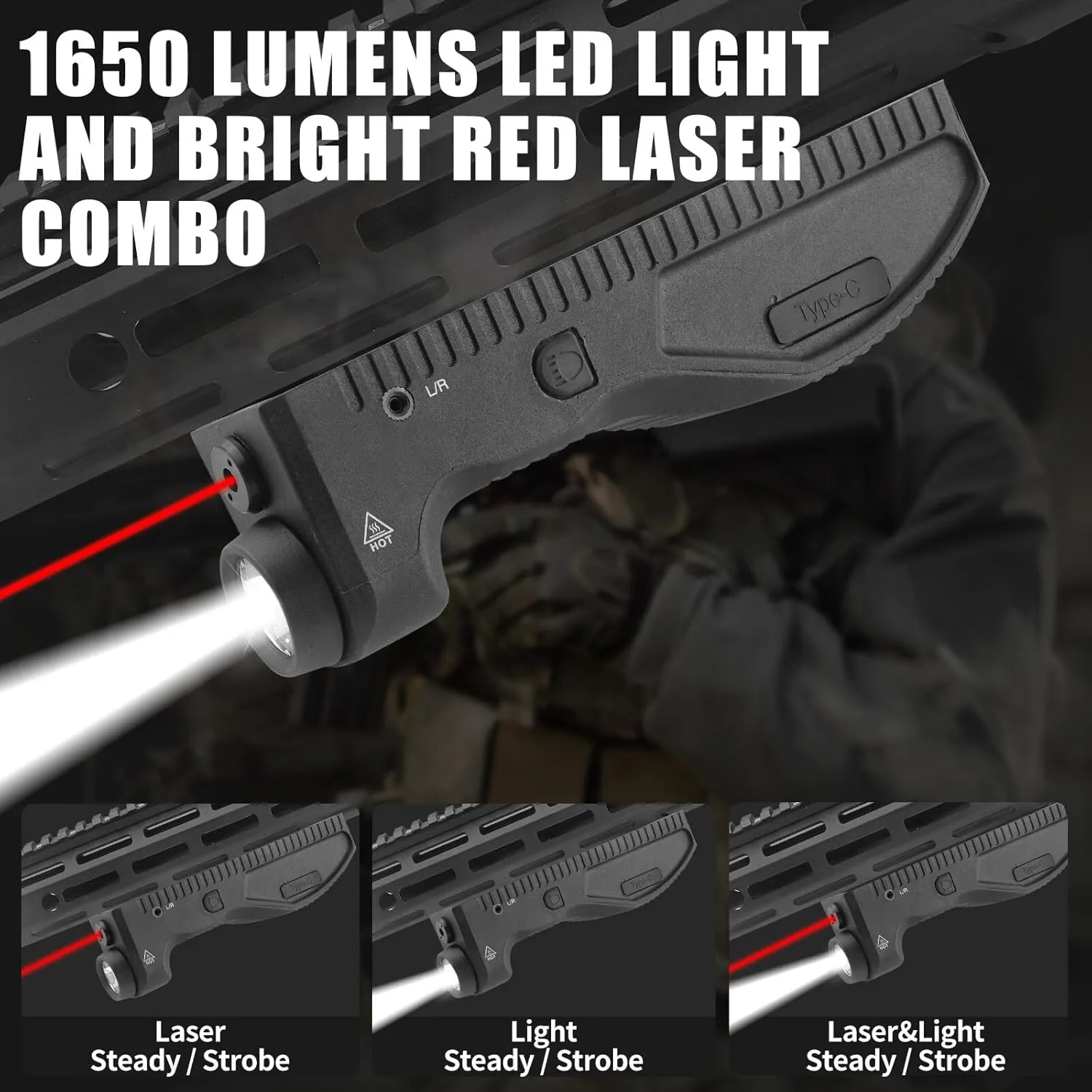 1650 Lumens Strobe Function,Light Laser Combo, Flashlight and Red Laser Sight,High Real Lumen,USB-C Rechargeable IIIA Class Laser Power Output ≤5mW