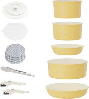 16pcs Pots and Pans Set Nonstick, Kitchen Cookware Sets Detachable Handle, Induction Cookware Set with Removable Handle, Stackable RV Cookware, Oven Safe, Yellow