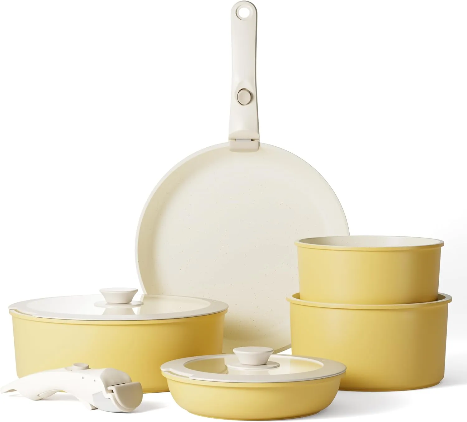 16pcs Pots and Pans Set Nonstick, Kitchen Cookware Sets Detachable Handle, Induction Cookware Set with Removable Handle, Stackable RV Cookware, Oven Safe, Yellow