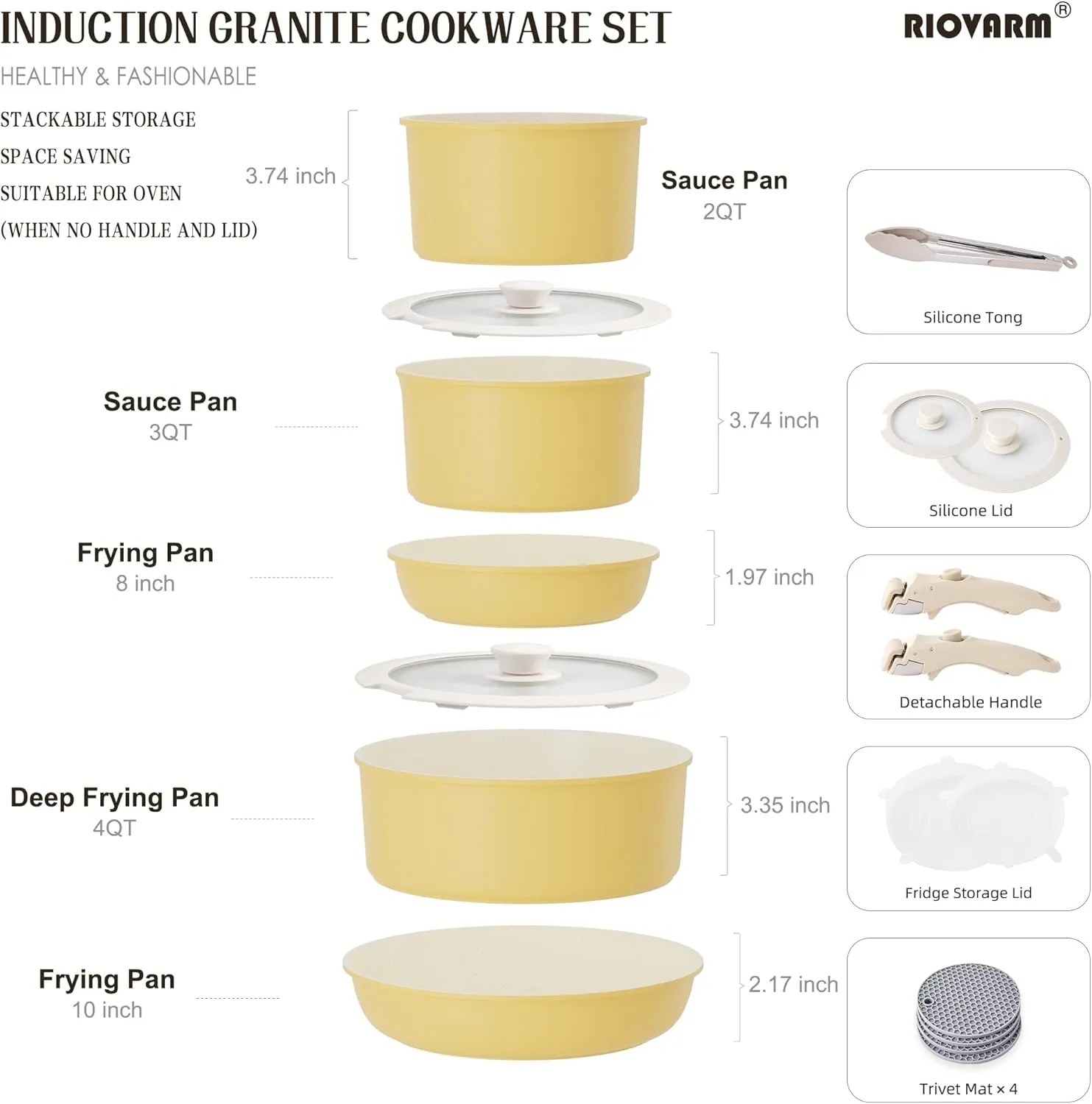 16pcs Pots and Pans Set Nonstick, Kitchen Cookware Sets Detachable Handle, Induction Cookware Set with Removable Handle, Stackable RV Cookware, Oven Safe, Yellow