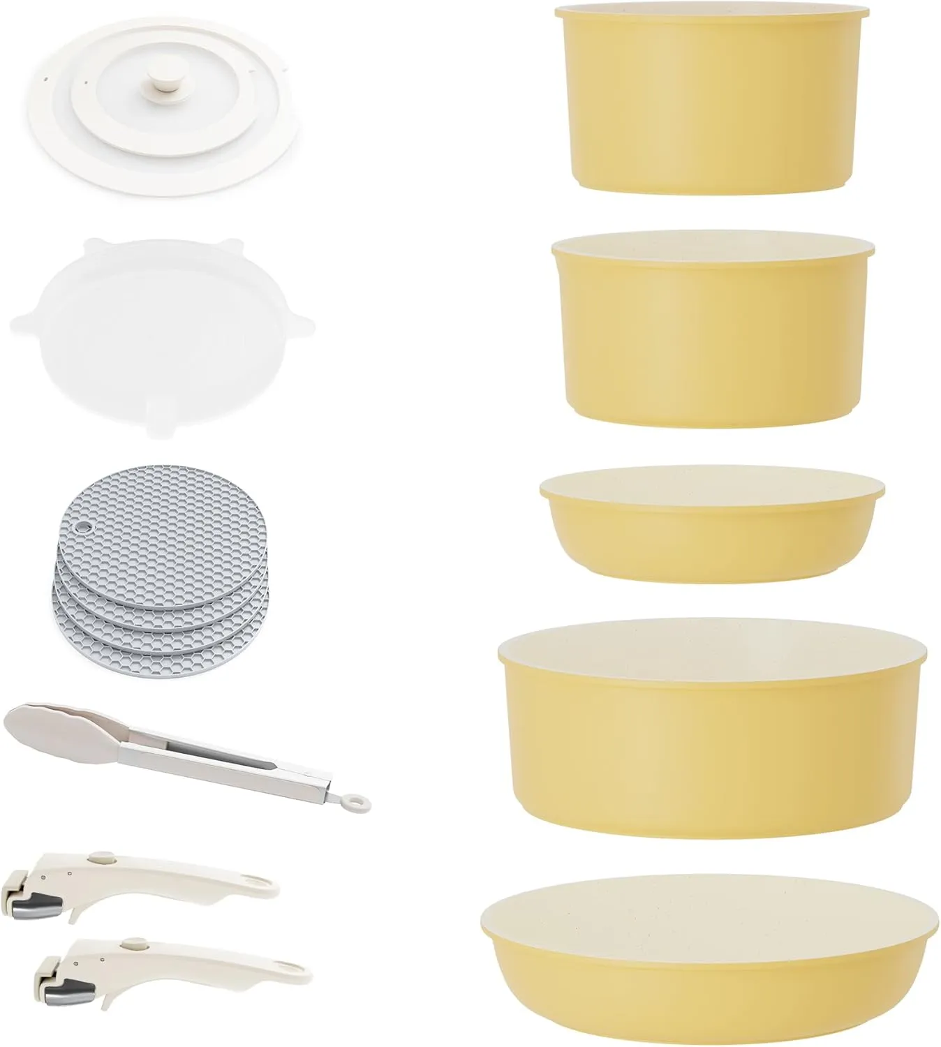 16pcs Pots and Pans Set Nonstick, Kitchen Cookware Sets Detachable Handle, Induction Cookware Set with Removable Handle, Stackable RV Cookware, Oven Safe, Yellow