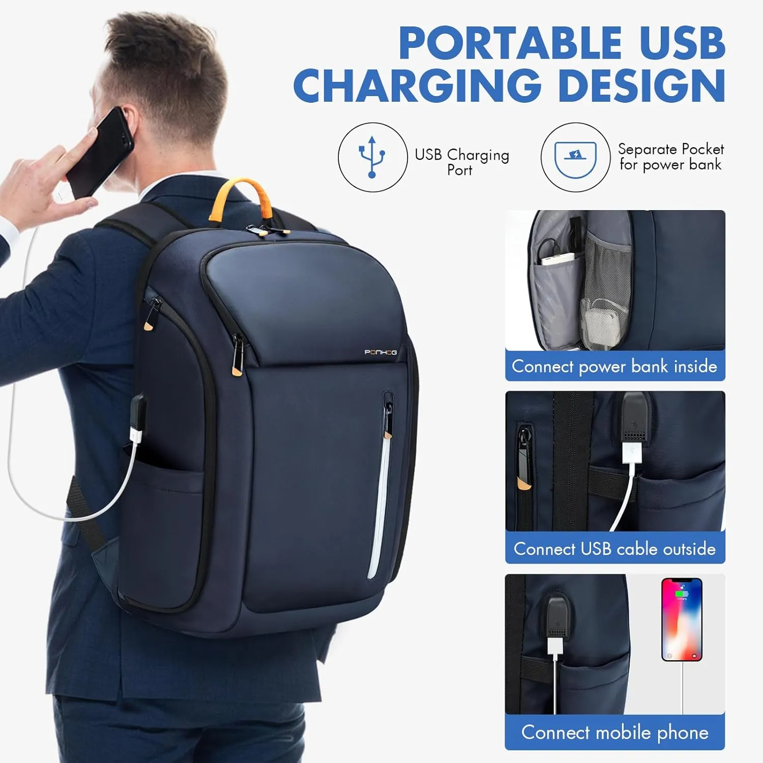 17 Inch Laptop Backpack for Men, Business Travel Anti-Theft Backpack with USB Charging Port, Water Resistant Computer Bag Carry On Flight Approved for Work College Weekender, Dark Blue