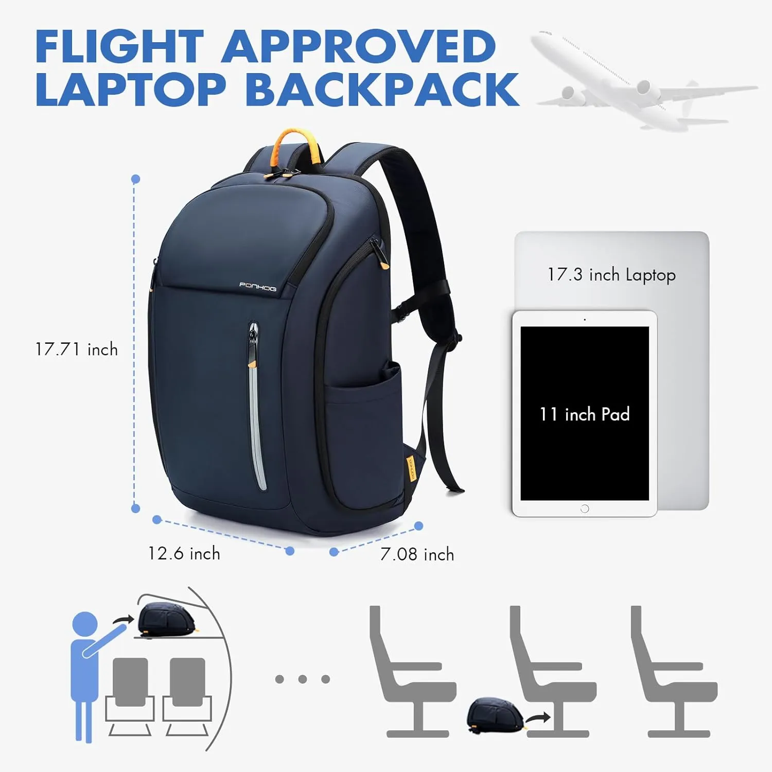 17 Inch Laptop Backpack for Men, Business Travel Anti-Theft Backpack with USB Charging Port, Water Resistant Computer Bag Carry On Flight Approved for Work College Weekender, Dark Blue