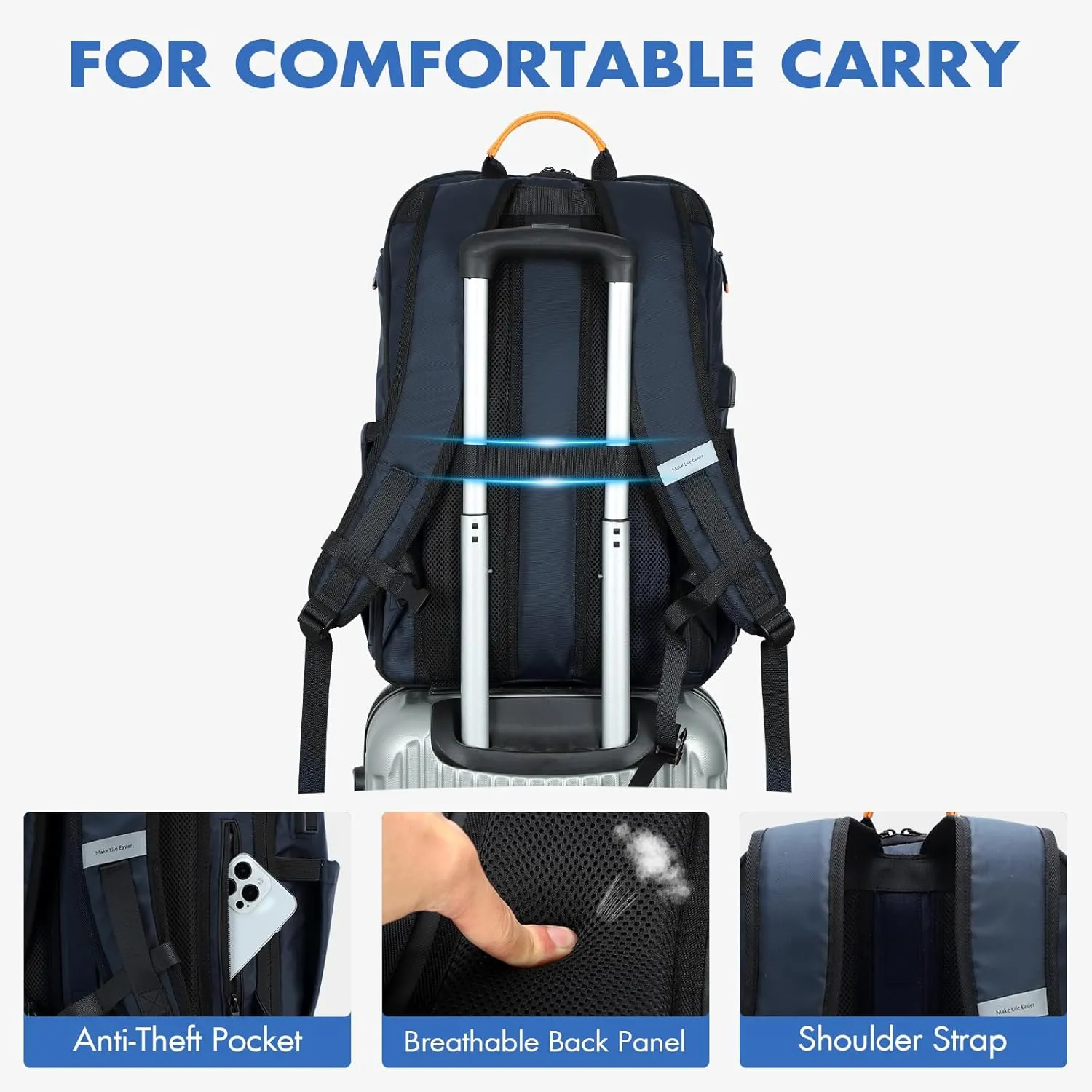 17 Inch Laptop Backpack for Men, Business Travel Anti-Theft Backpack with USB Charging Port, Water Resistant Computer Bag Carry On Flight Approved for Work College Weekender, Dark Blue