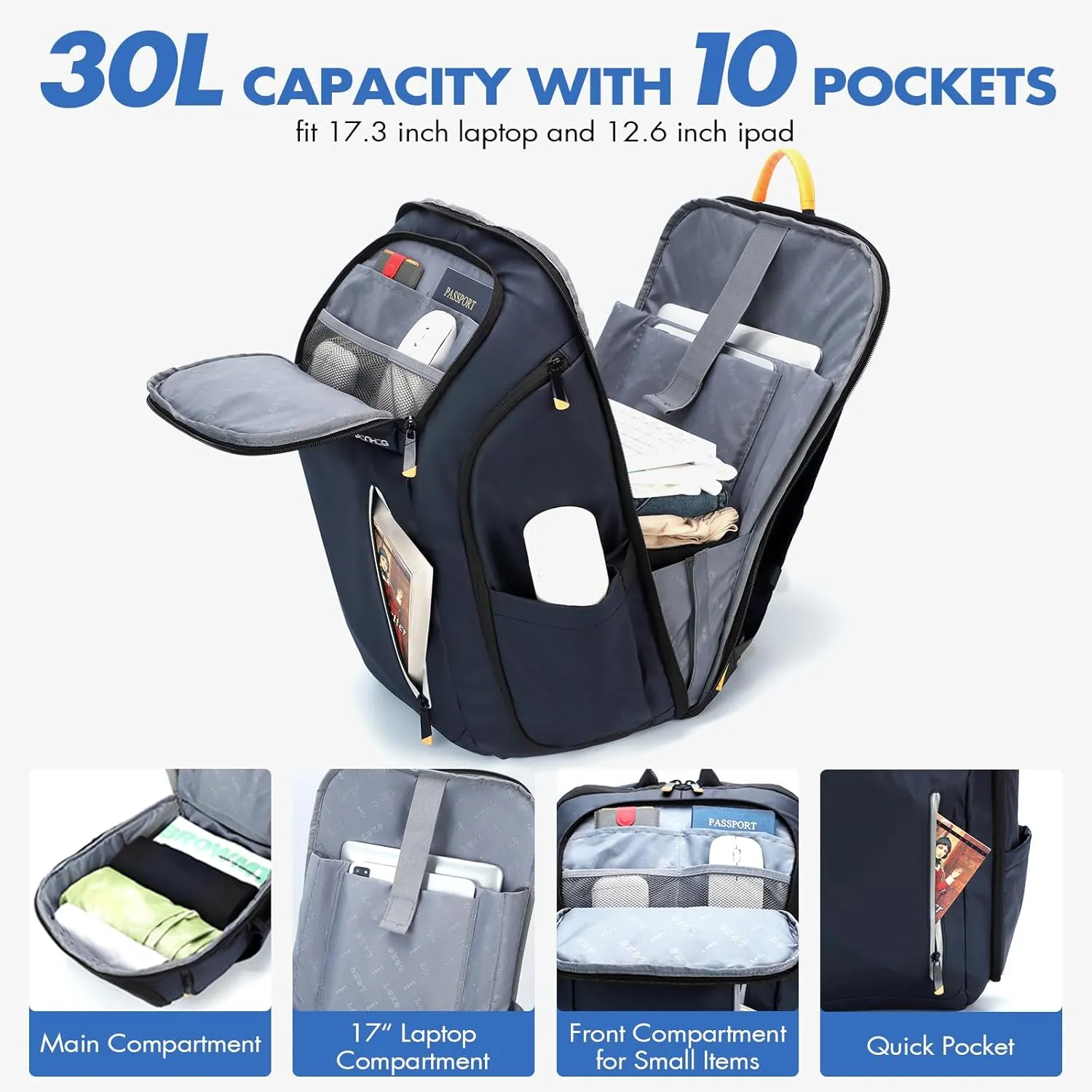 17 Inch Laptop Backpack for Men, Business Travel Anti-Theft Backpack with USB Charging Port, Water Resistant Computer Bag Carry On Flight Approved for Work College Weekender, Dark Blue