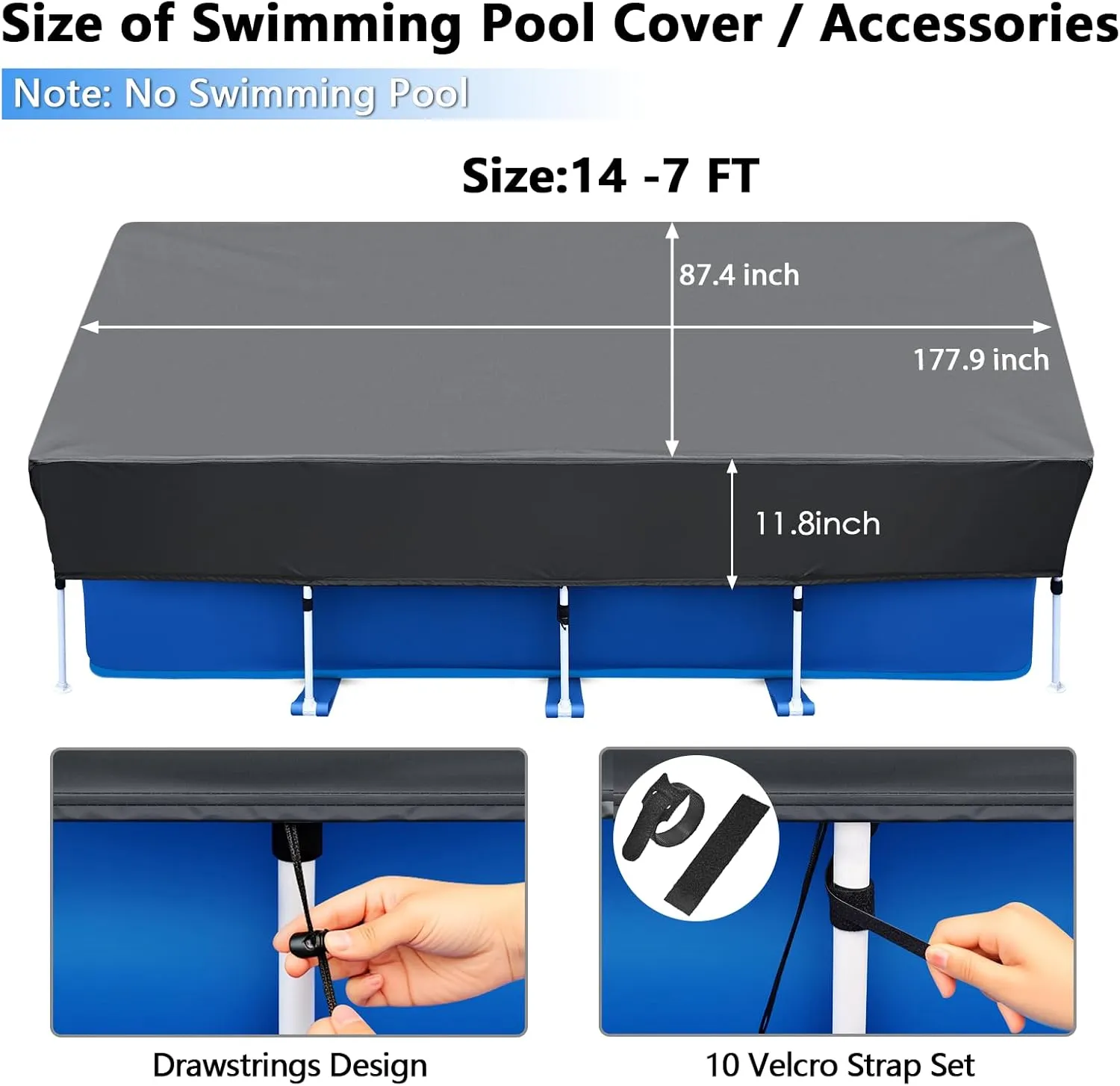 177 x 87 Rectangle Pool Covers Drawstring 14 ft for 178 x87 Rectangular Frame Solar Swimming Pools 14 x 7 ft Durable Heavy-Duty Winter Dust Proof Rain Proof Garden Outdoor Above Ground Pools Cover
