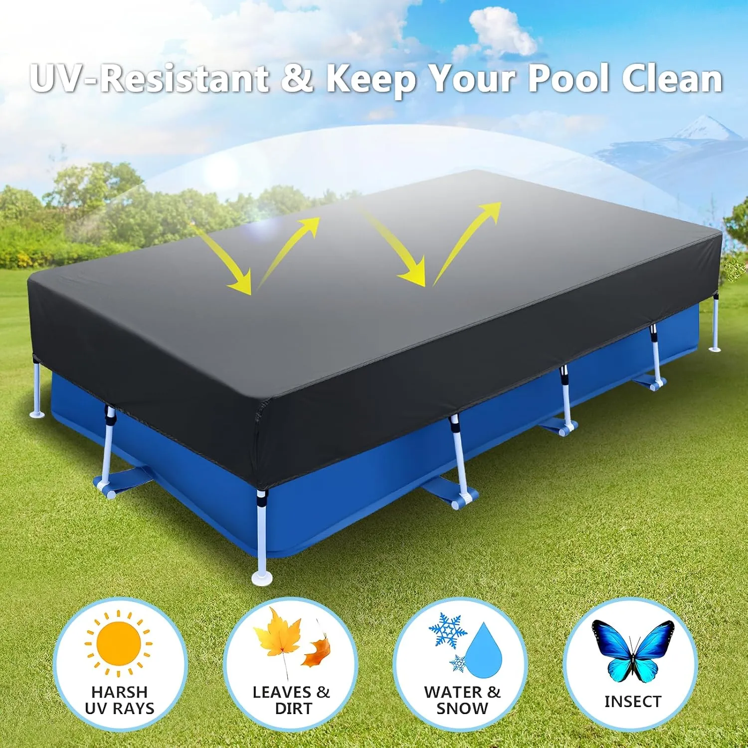 177 x 87 Rectangle Pool Covers Drawstring 14 ft for 178 x87 Rectangular Frame Solar Swimming Pools 14 x 7 ft Durable Heavy-Duty Winter Dust Proof Rain Proof Garden Outdoor Above Ground Pools Cover