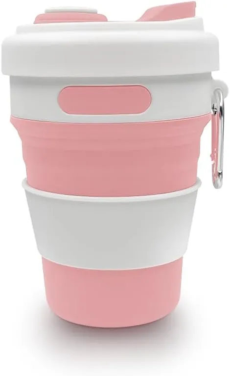 17oz Collapsible Travel Cup With Lid & Metal Hook Reusable Silicone Coffee Folding Mug for Hot/Cold Drink Portable Outdoor Camping Hiking Microwave & Dishwasher Safe (Pink)