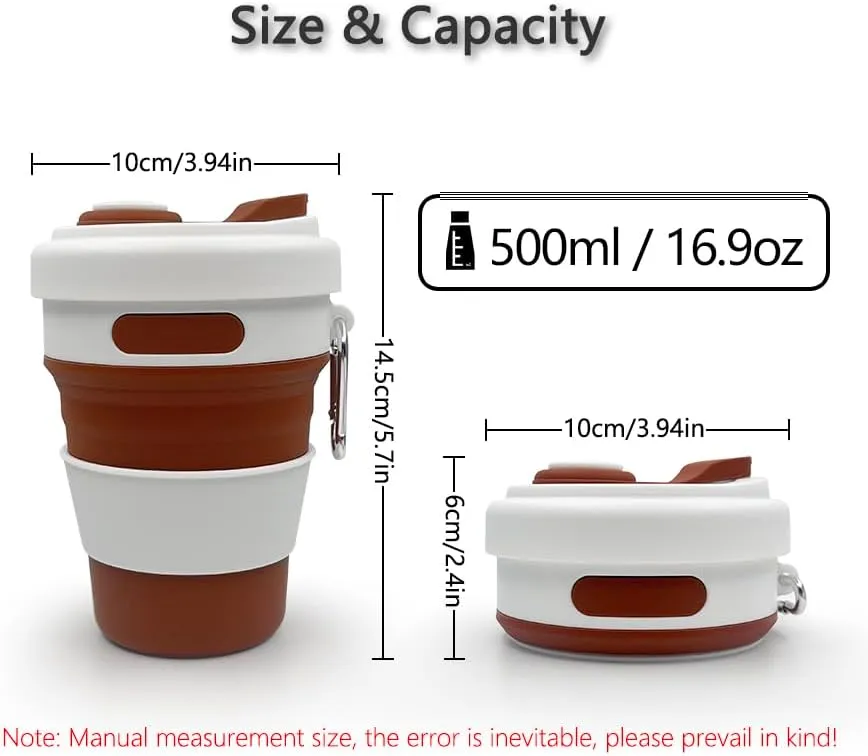 17oz Collapsible Travel Cup With Lid & Metal Hook Reusable Silicone Coffee Folding Mug for Hot/Cold Drink Portable Outdoor Camping Hiking Microwave & Dishwasher Safe (Pink)