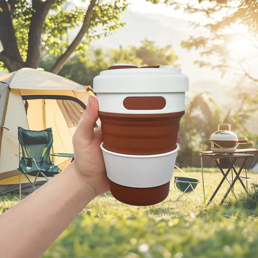 17oz Collapsible Travel Cup With Lid & Metal Hook Reusable Silicone Coffee Folding Mug for Hot/Cold Drink Portable Outdoor Camping Hiking Microwave & Dishwasher Safe (Pink)