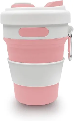 17oz Collapsible Travel Cup With Lid & Metal Hook Reusable Silicone Coffee Folding Mug for Hot/Cold Drink Portable Outdoor Camping Hiking Microwave & Dishwasher Safe (Pink)