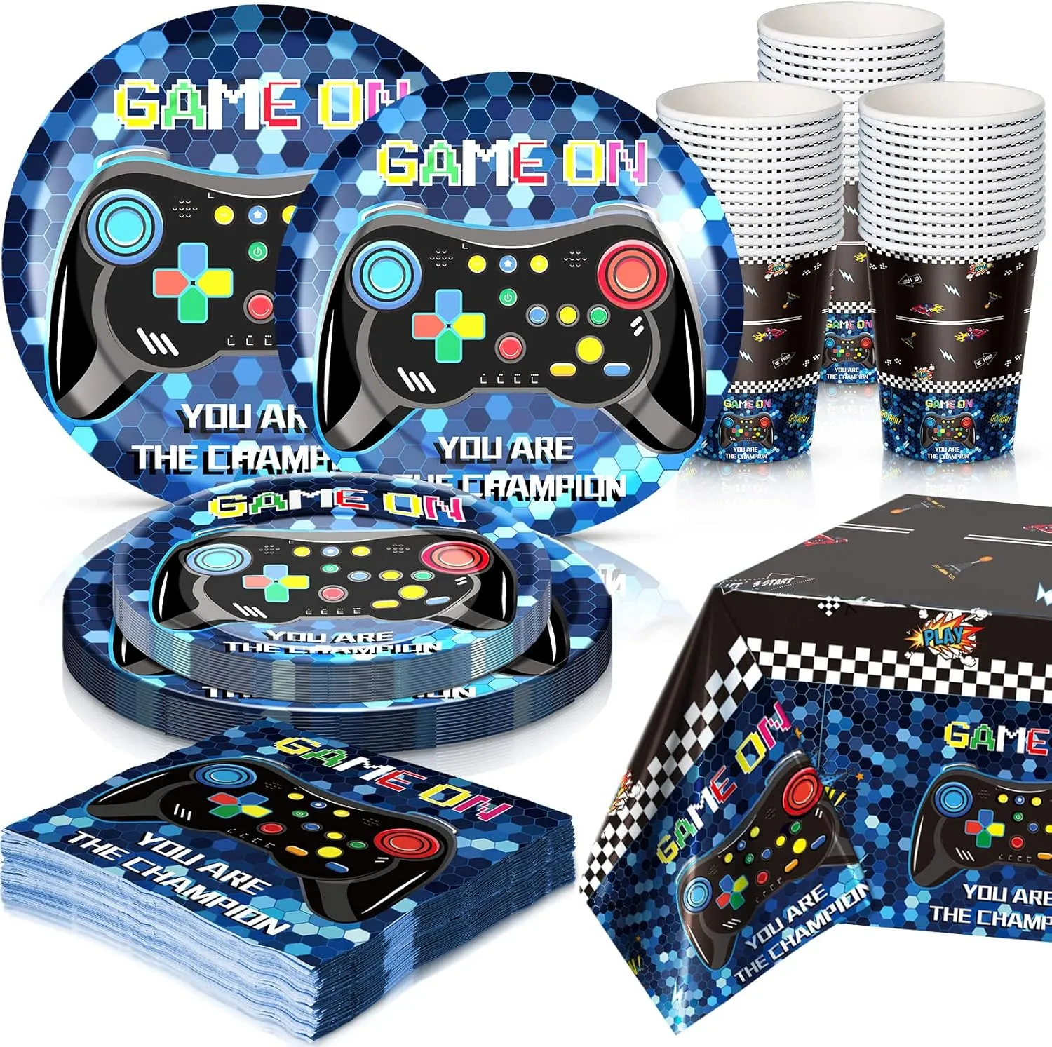 195 Pcs Video Game Party Supplies Tableware Set Serves 48 Blue Game Dinner Plates Cups Napkins Tablecloth Car Racing Disposable Dinnerwear Kit for Boys Men Racetrack Birthday Party Decoration