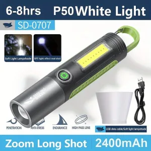 1pc Powerful Zoomable Flashlight, Multifunctional Portable Flashlight with Hook, Telescopic Rechargeable COB Torch Light for Hiking Hunting Camping Outdoor Sports (Battery Included)
