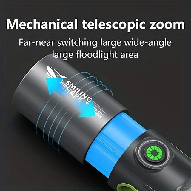 1pc Powerful Zoomable Flashlight, Multifunctional Portable Flashlight with Hook, Telescopic Rechargeable COB Torch Light for Hiking Hunting Camping Outdoor Sports (Battery Included)