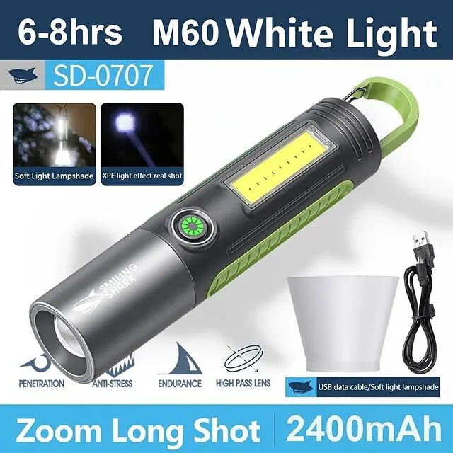 1pc Powerful Zoomable Flashlight, Multifunctional Portable Flashlight with Hook, Telescopic Rechargeable COB Torch Light for Hiking Hunting Camping Outdoor Sports (Battery Included)