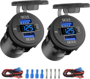 2 Pack 12 Volt USB Outlet Dual Quick Charge 3.0 Port and PD3.0 USB C Car Battery Chargers Socket, Waterproof 12V Power Outlet Cigarette Lighter Replacement DIY Kit with Voltmeter and Switch