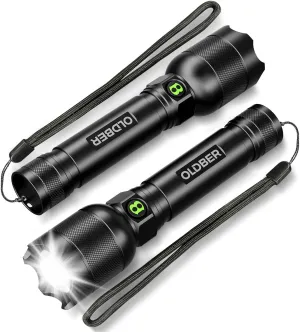 2 Pack Flashlights High Lumens Rechargeable, Military Grade Super Bright Handheld Flash Light-5 Modes, Zoomable, Powerful, Waterproof for Camping, Home Emergency, Police, Military