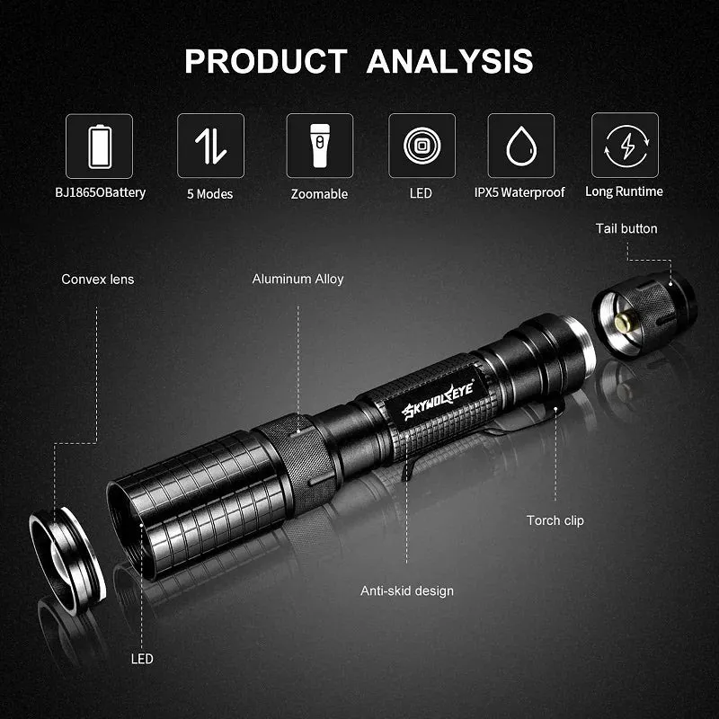 2 Pack High Lumens LED Flashlights Zoomable 5 Working Modes Torch Suitable for Camping, Outdoor Fishing and Cycling
