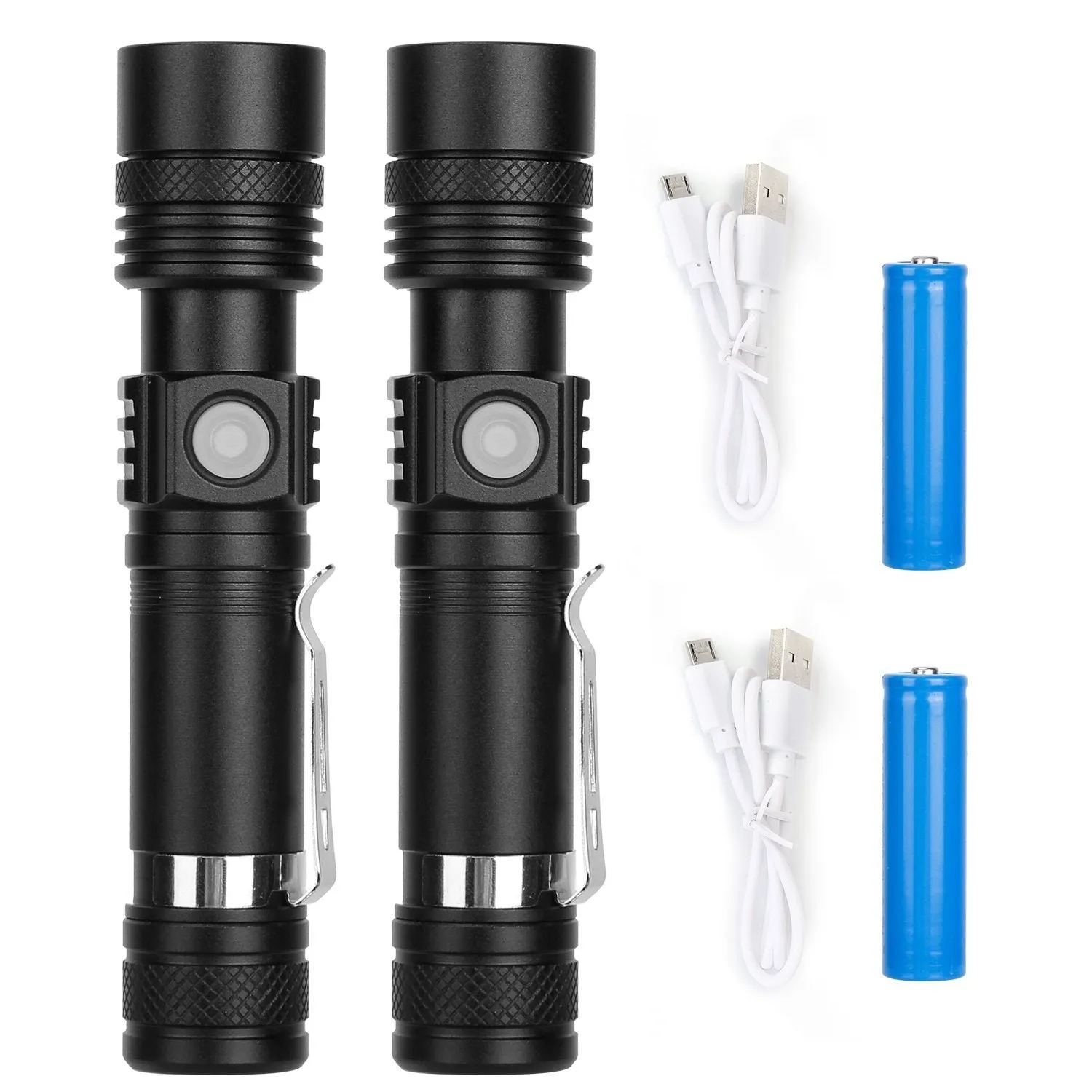 2-Piece: LED Handheld Flashlight Zoomable USB Rechargable