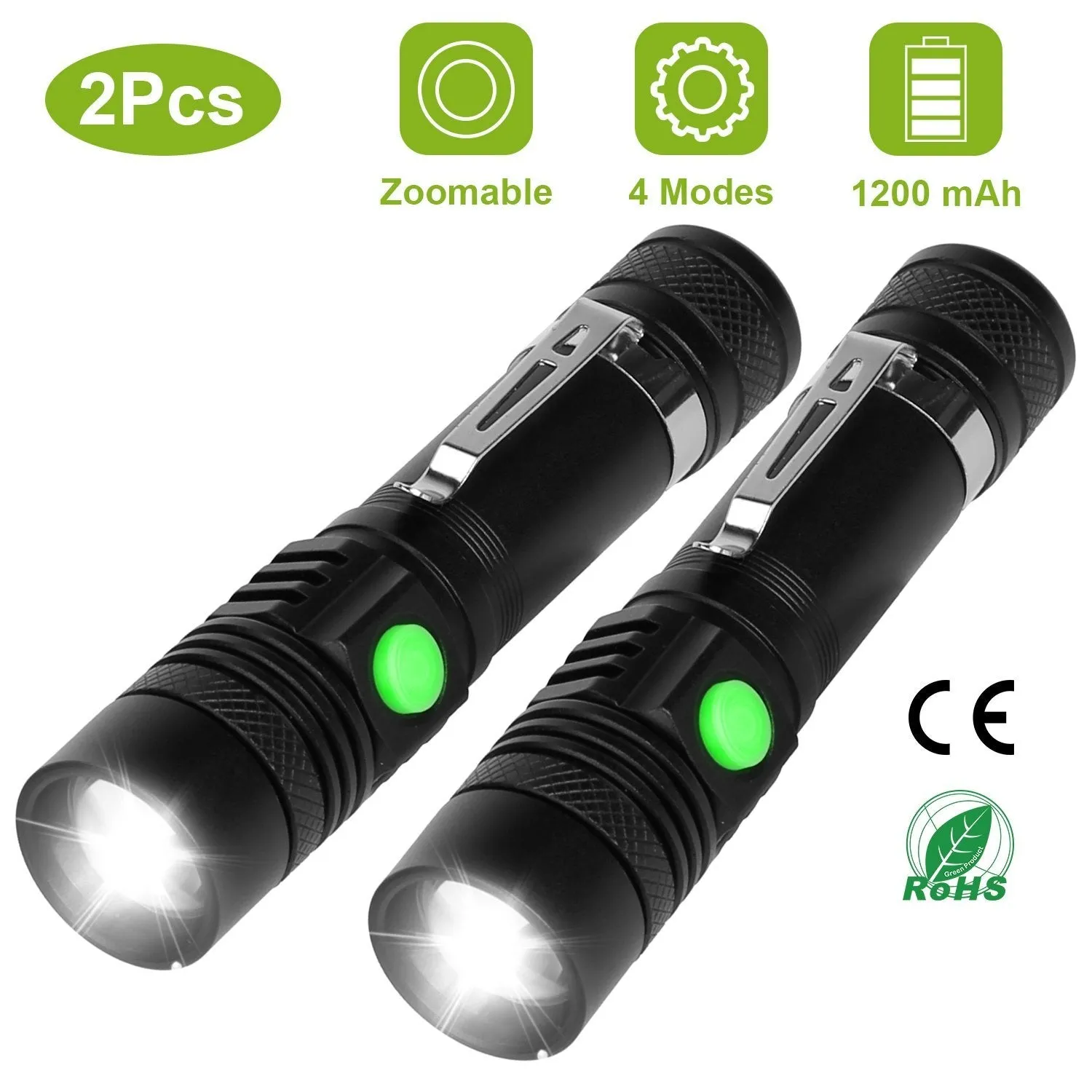 2-Piece: LED Handheld Flashlight Zoomable USB Rechargable